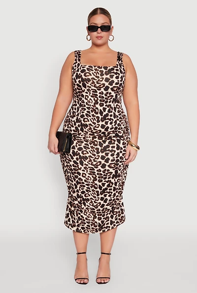 Womens Plus Size Leopard Print Sleeveless Midi Dress, Beige, Size 2X