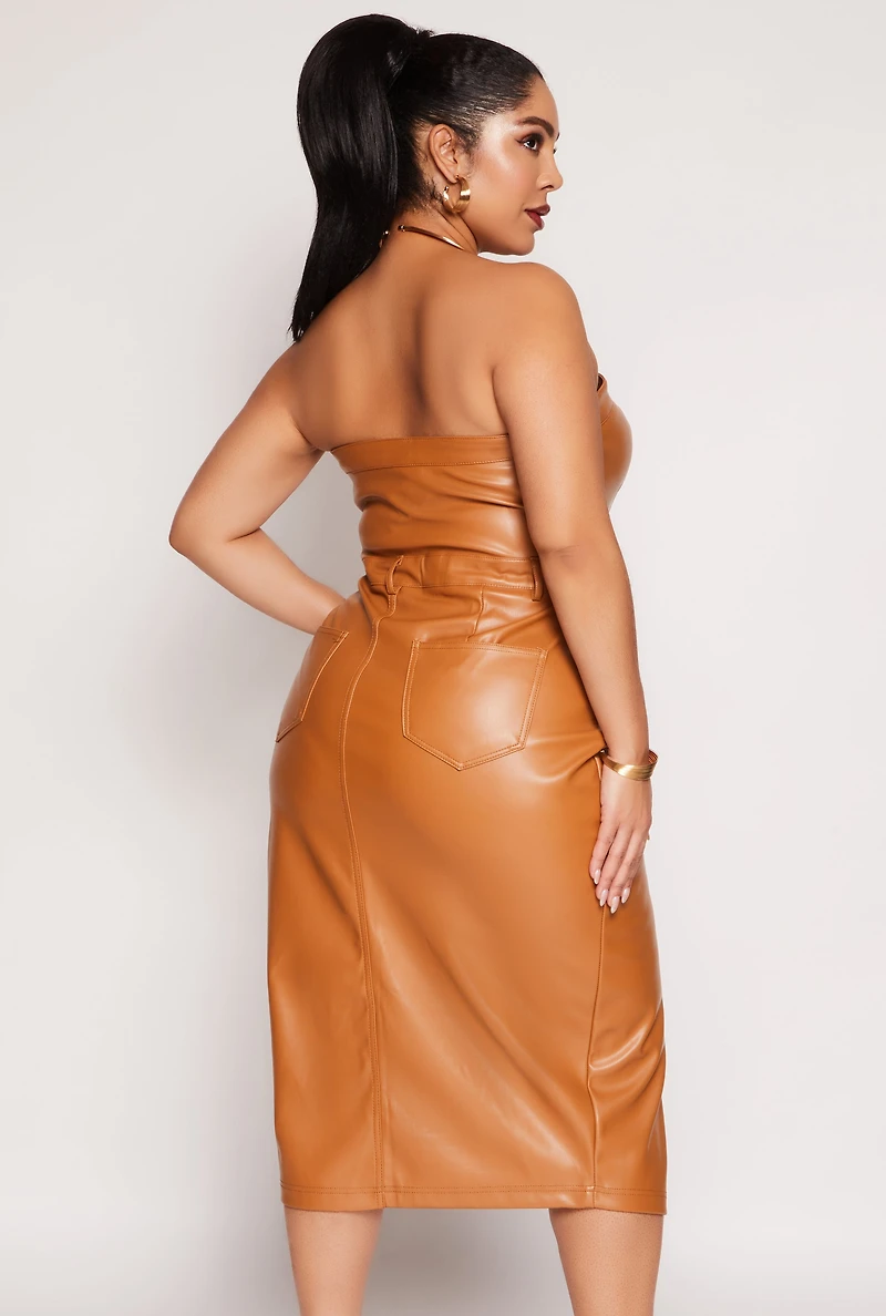 Plus Faux Leather Strapless Midi Dress