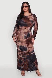 Womens Plus Size Tie Dye Distressed Long Sleeve Maxi Dress, Brown, Size 2X