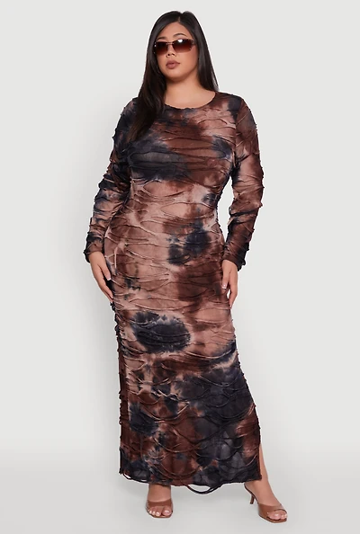 Womens Plus Tie Dye Distressed Long Sleeve Maxi Dress,