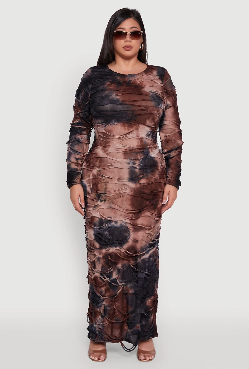 Womens Plus Size Tie Dye Distressed Long Sleeve Maxi Dress, Brown, Size 2X