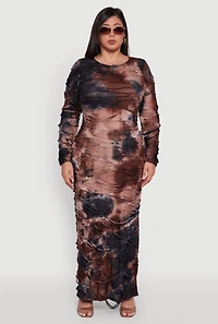 Womens Plus Size Tie Dye Distressed Long Sleeve Maxi Dress, Brown, Size 2X