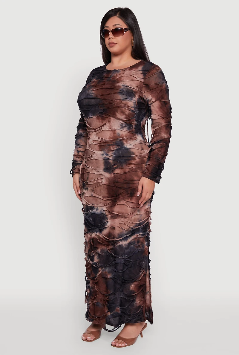 Womens Plus Size Tie Dye Distressed Long Sleeve Maxi Dress, Brown, Size 2X