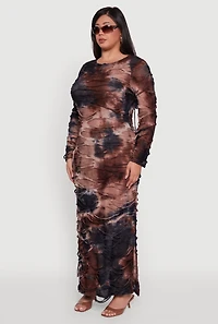 Womens Plus Size Tie Dye Distressed Long Sleeve Maxi Dress, Brown, Size 2X