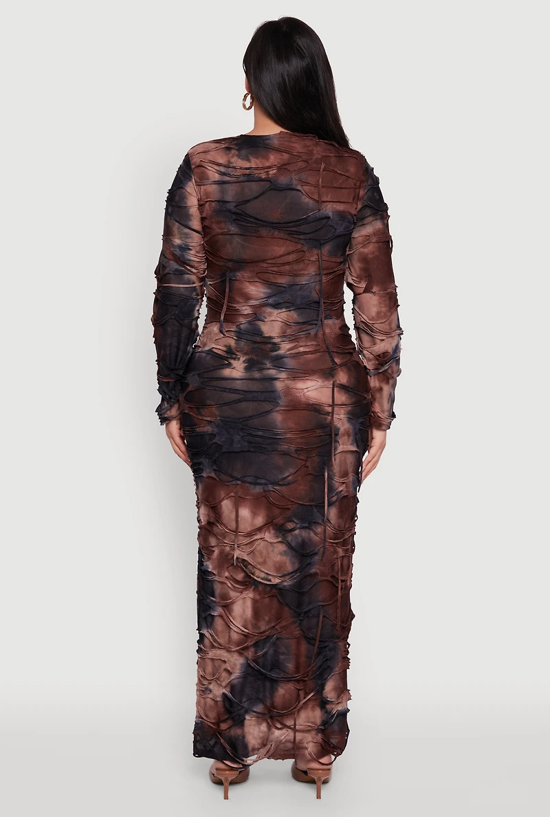 Womens Plus Size Tie Dye Distressed Long Sleeve Maxi Dress, Brown, Size 2X