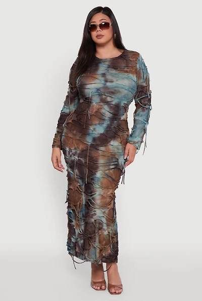 Womens Plus Size Tie Dye Distressed Long Sleeve Maxi Dress, Multi, Size 2X