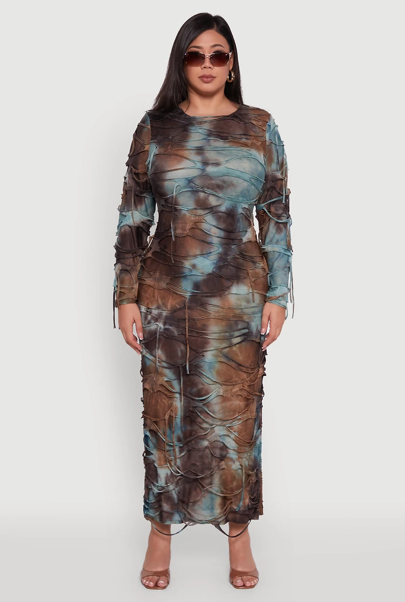 Womens Plus Size Tie Dye Distressed Long Sleeve Maxi Dress, Multi, Size 1X