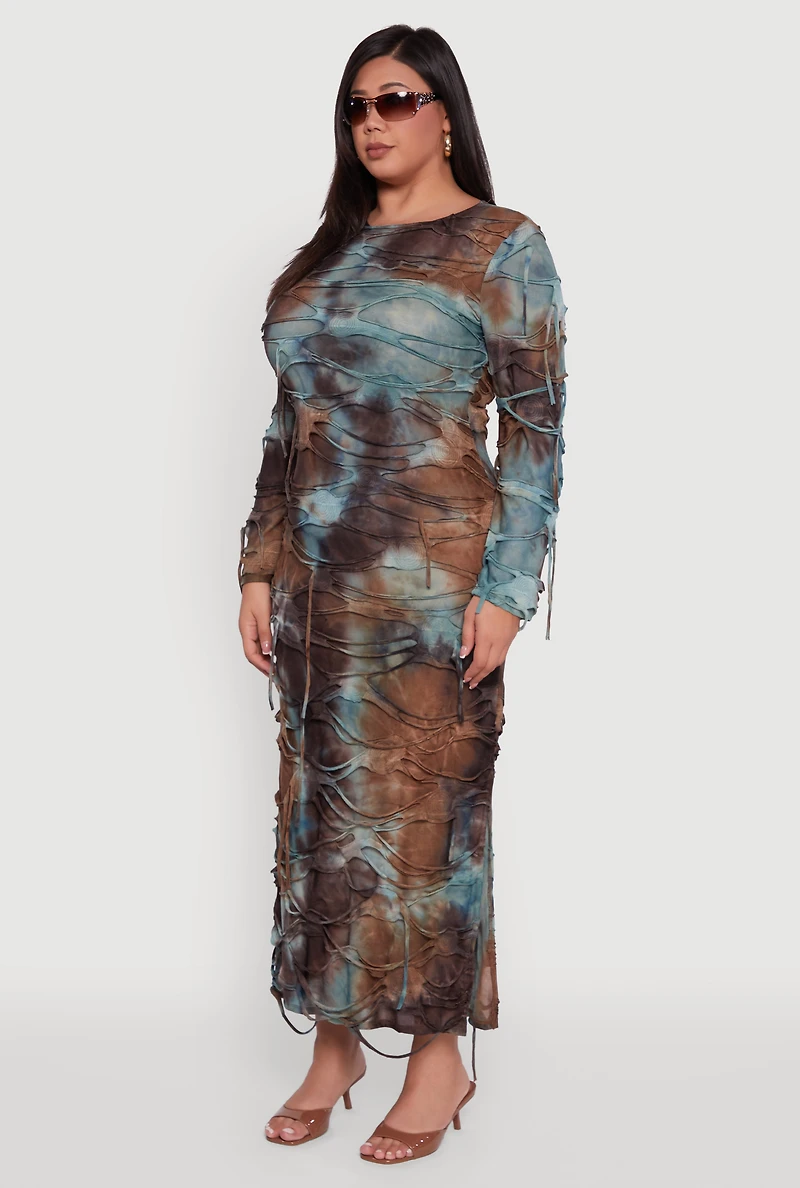 Womens Plus Size Tie Dye Distressed Long Sleeve Maxi Dress, Multi, Size 1X