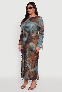 Womens Plus Size Tie Dye Distressed Long Sleeve Maxi Dress, Multi, Size 1X