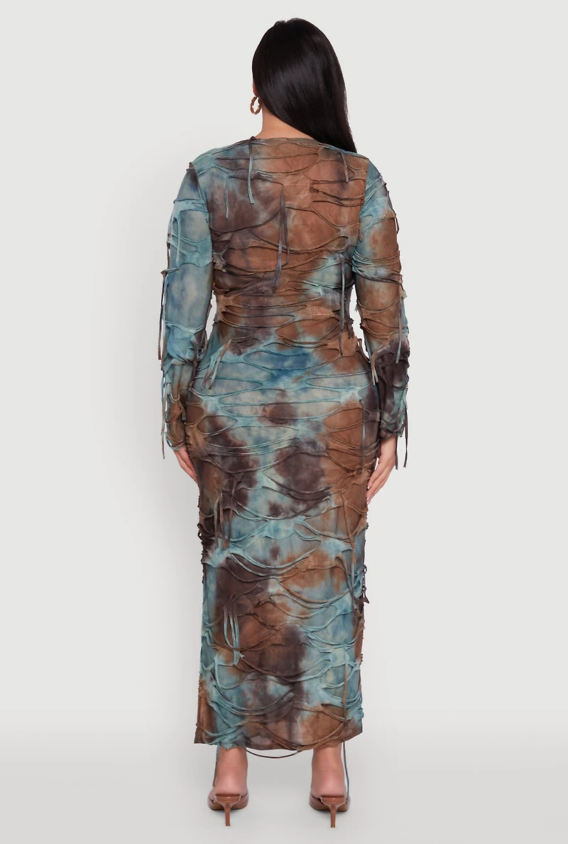 Womens Plus Size Tie Dye Distressed Long Sleeve Maxi Dress, Multi, Size 1X