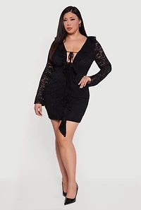 Womens Plus Size Floral Lace Ruffle Trim Tie Front Mini Dress, Black, Size 3X