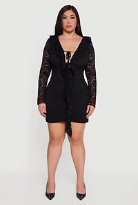 Womens Plus Floral Lace Ruffle Trim Tie Front Mini Dress, Black,