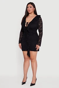 Womens Plus Size Floral Lace Ruffle Trim Tie Front Mini Dress, Black, Size 1X