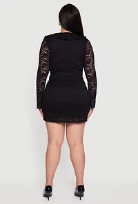 Womens Plus Floral Lace Ruffle Trim Tie Front Mini Dress, Black,