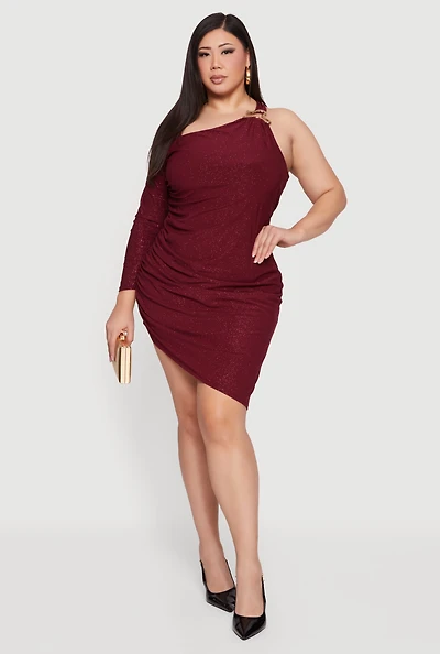 Plus Metallic Detail Glitter One Shoulder Dress
