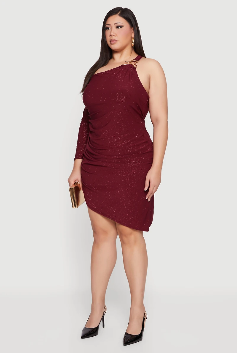 Plus Metallic Detail Glitter One Shoulder Dress