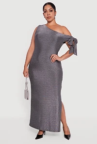 Plus One Shoulder Lurex Maxi Dress with Side Slit