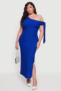 Plus One Shoulder Lurex Maxi Dress with Side Slit