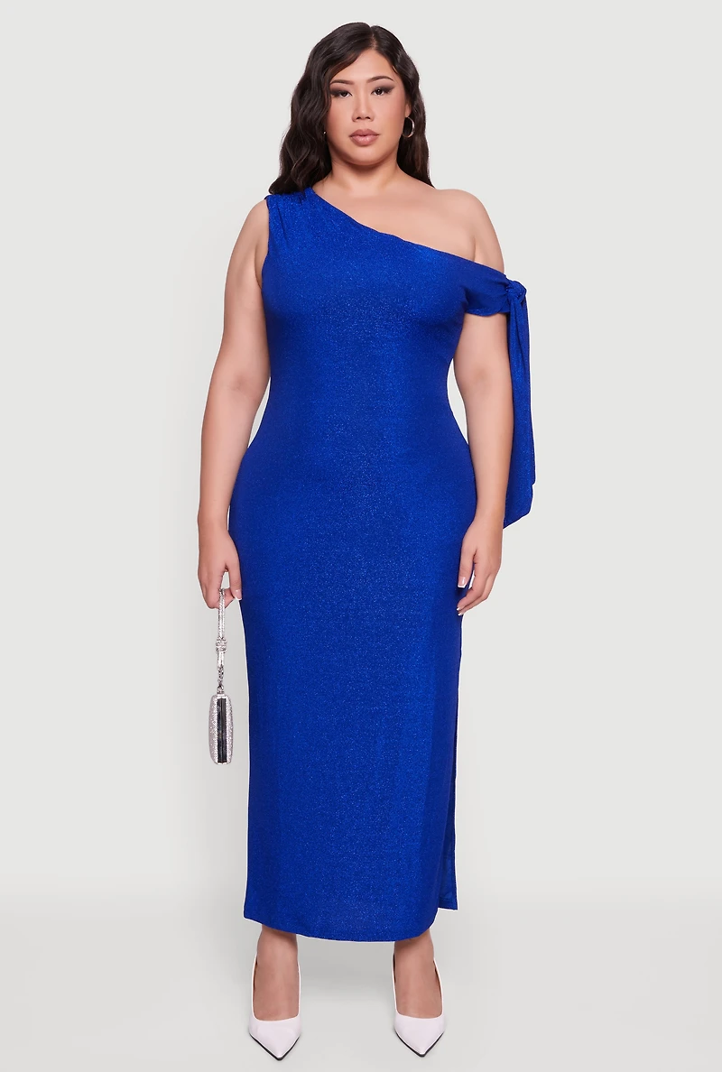 Plus One Shoulder Lurex Maxi Dress with Side Slit