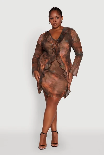 Womens Plus Size Ruffle Trim Tie Dye Mesh Mini Dress, Multi, Size 3X