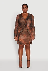 Womens Plus Size Ruffle Trim Tie Dye Mesh Mini Dress, Multi, Size 1X