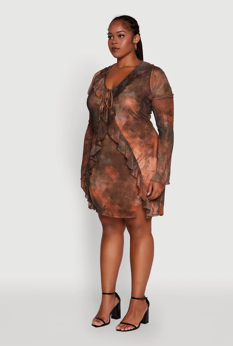 Womens Plus Size Ruffle Trim Tie Dye Mesh Mini Dress, Multi, Size 1X
