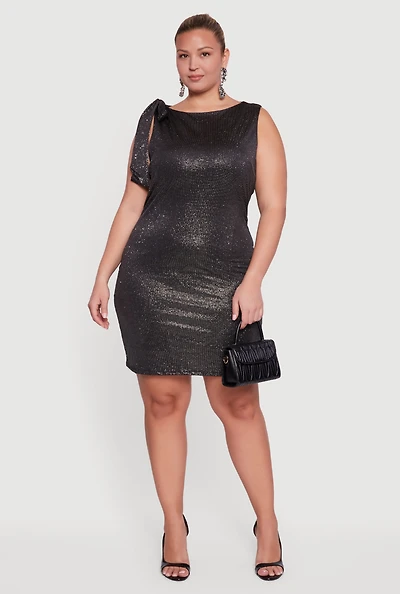 Womens Plus Size Glitter Tie Shoulder Mini Sheath Dress, Black, Size 1X