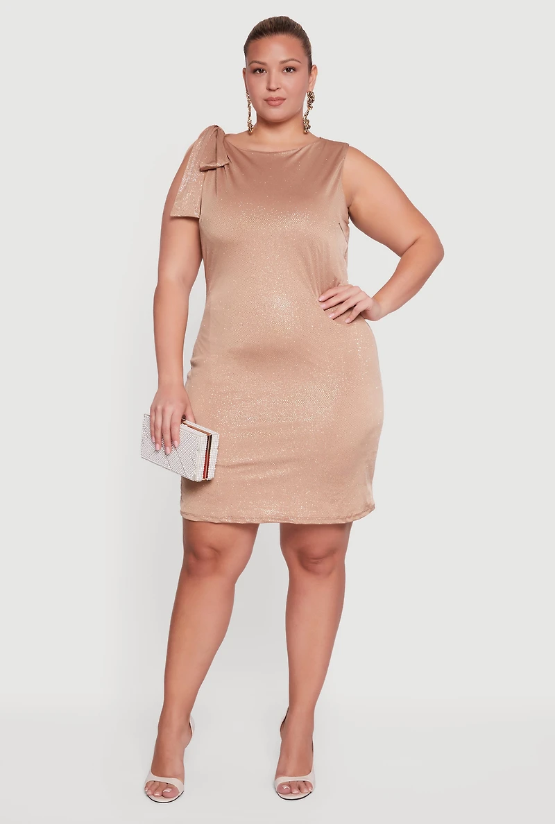 Womens Plus Size Glitter Tie Shoulder Mini Sheath Dress, Beige, Size 2X