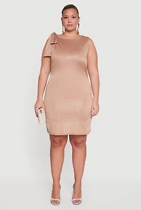 Womens Plus Size Glitter Tie Shoulder Mini Sheath Dress, Beige, Size 2X