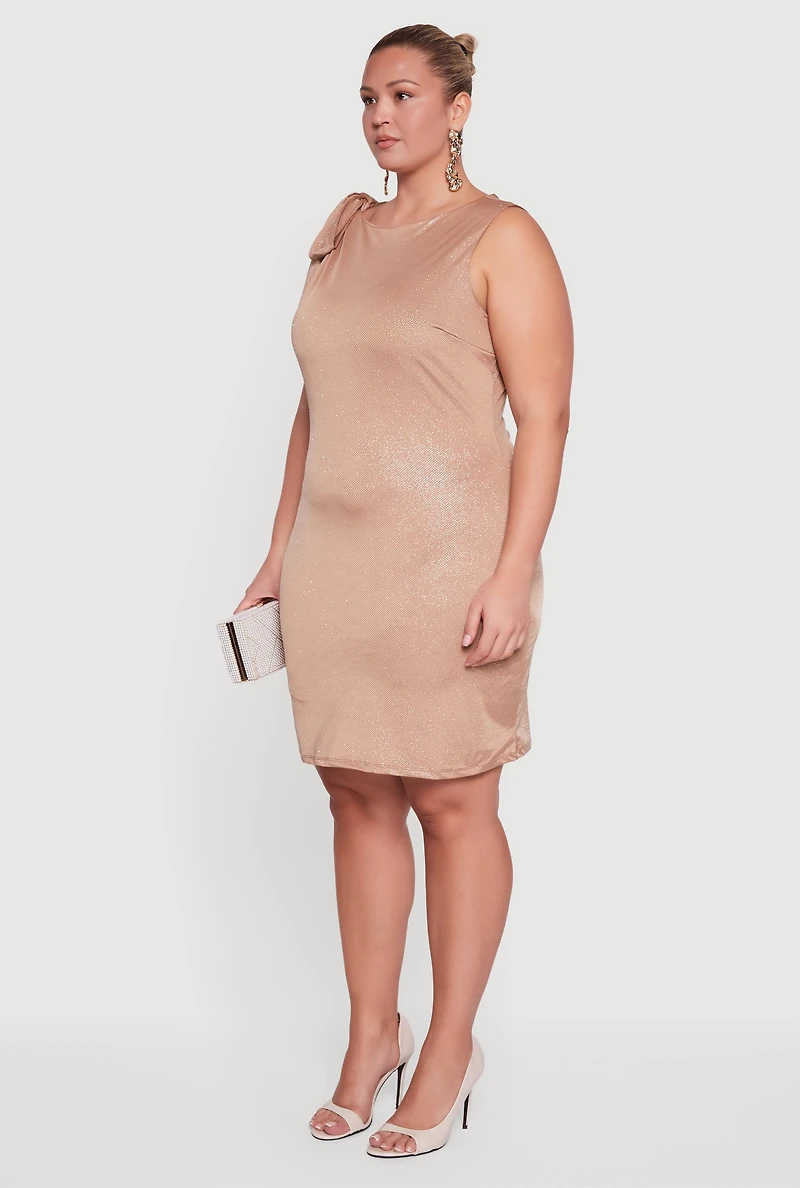 Womens Plus Size Glitter Tie Shoulder Mini Sheath Dress, Beige, Size 2X