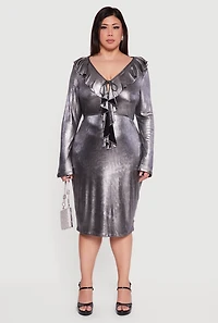 Plus Metallic Foil Screen Ruffle Detail Midi Dress