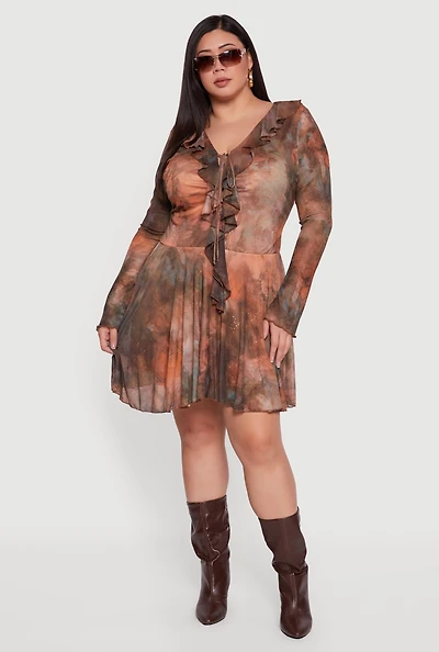 Womens Plus Size Tie Dye Ruffle Trim Tie Front Skater Dress, Brown, Size 3X