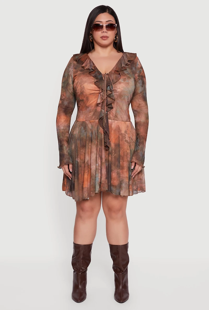 Plus Tie Dye Ruffle Trim Front Skater Dress