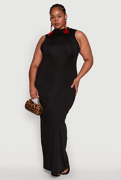 Womens Plus Size Daisy Sleeveless Mock Neck Maxi Dress with Slit Back, Black, Size 1X