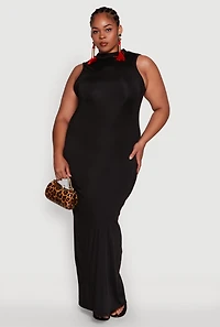 Womens Plus Size Daisy Sleeveless Mock Neck Maxi Dress with Slit Back, Black, Size 1X