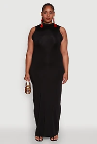 Womens Plus Size Daisy Sleeveless Mock Neck Maxi Dress with Slit Back, Black, Size 1X