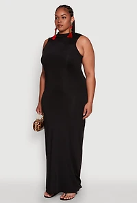 Womens Plus Size Daisy Sleeveless Mock Neck Maxi Dress with Slit Back, Black, Size 1X