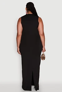 Womens Plus Size Daisy Sleeveless Mock Neck Maxi Dress with Slit Back, Black, Size 1X