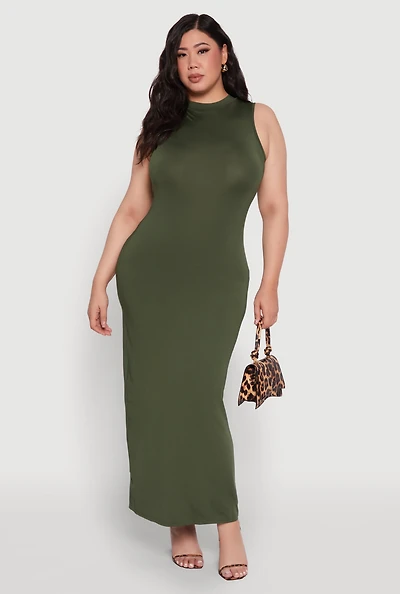 Womens Plus Size Daisy Sleeveless Mock Neck Maxi Dress with Slit Back, Green, Size 1X