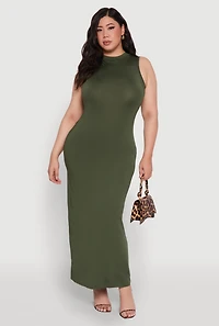 Womens Plus Size Daisy Sleeveless Mock Neck Maxi Dress with Slit Back, Green, Size 1X