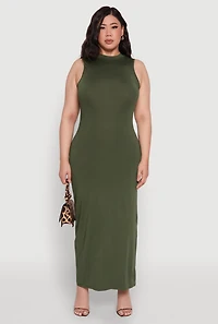 Womens Plus Size Daisy Sleeveless Mock Neck Maxi Dress with Slit Back, Green, Size 1X