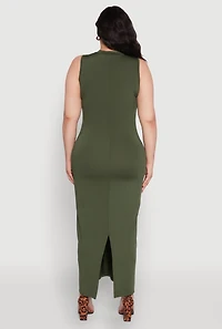 Womens Plus Size Daisy Sleeveless Mock Neck Maxi Dress with Slit Back, Green, Size 1X