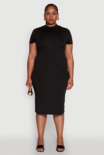Womens Plus Size Daisy T Shirt Dress with Mock Neck and Short Sleeves, Black, Size 3X