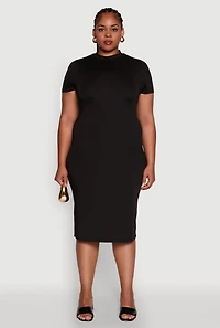Womens Plus Size Daisy T Shirt Dress with Mock Neck and Short Sleeves, Black, Size 2X