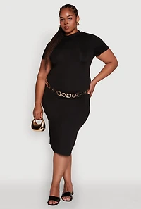 Womens Plus Size Daisy T Shirt Dress with Mock Neck and Short Sleeves, Black, Size 2X