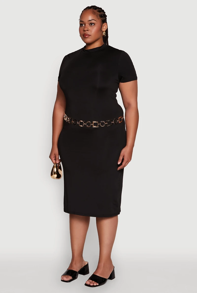 Womens Plus Size Daisy T Shirt Dress with Mock Neck and Short Sleeves, Black, Size 2X