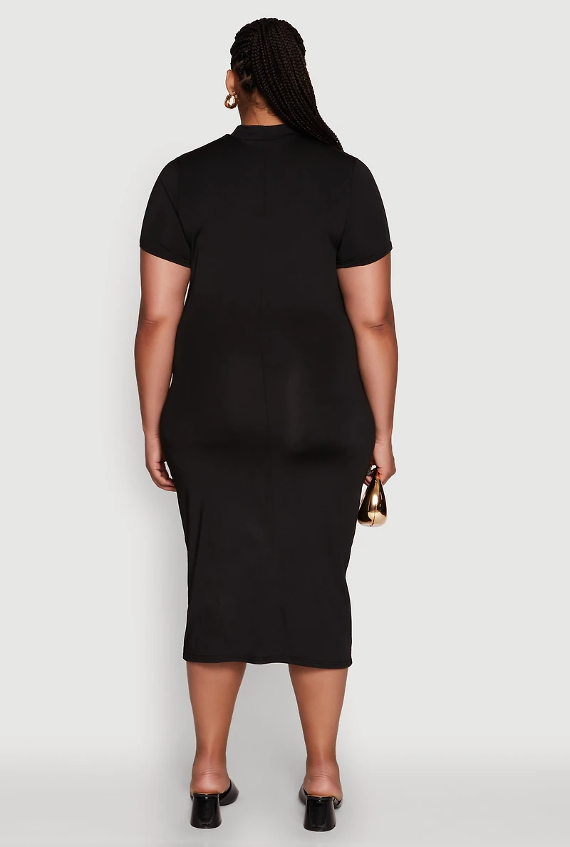 Womens Plus Size Daisy T Shirt Dress with Mock Neck and Short Sleeves, Black, Size 2X