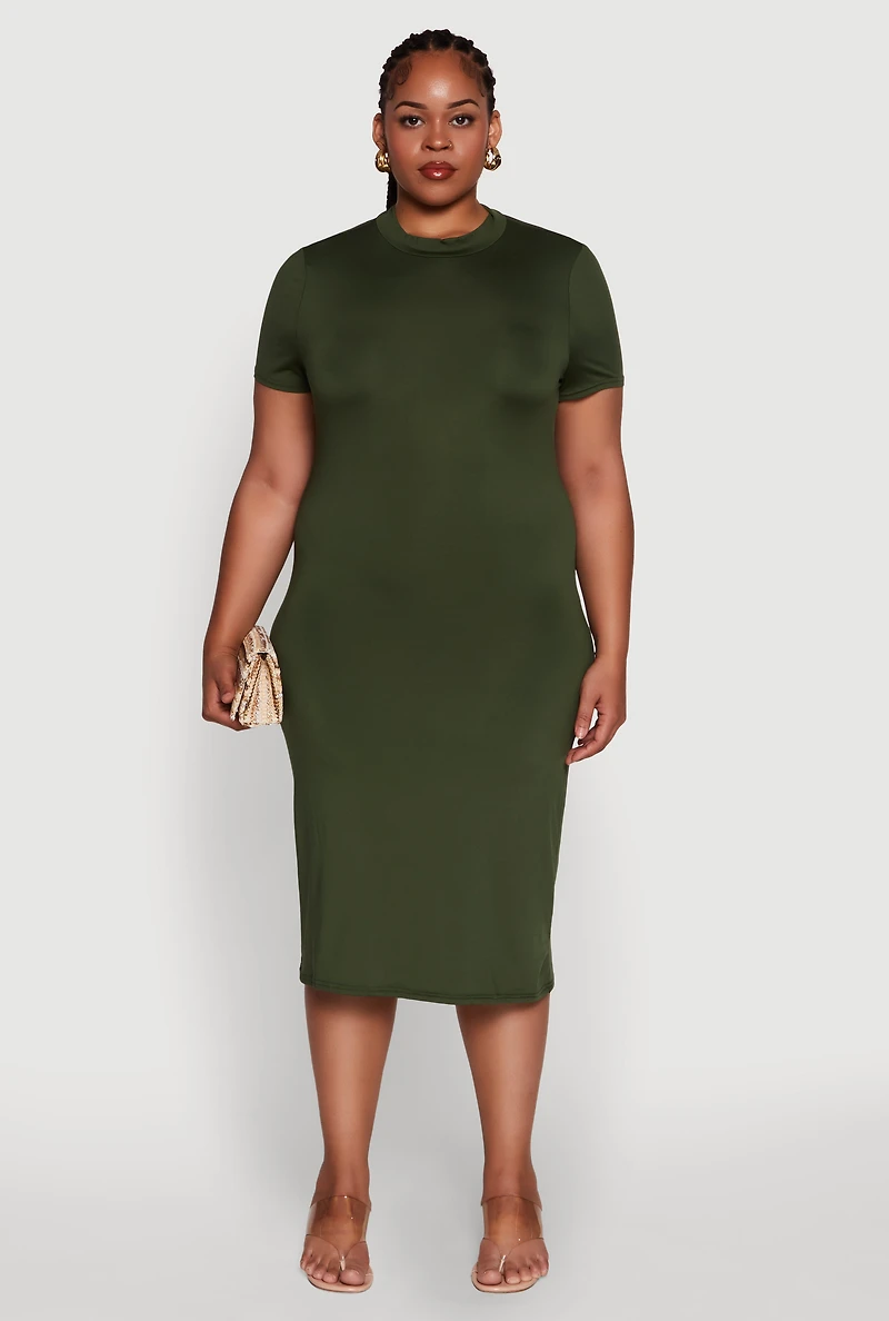 Womens Plus Size Daisy T Shirt Dress with Mock Neck and Short Sleeves, Green, Size 1X