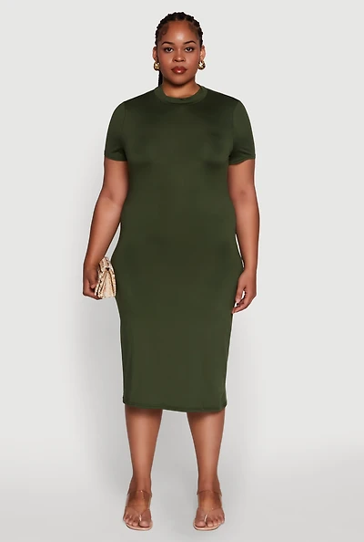 Womens Plus Size Daisy T Shirt Dress with Mock Neck and Short Sleeves, Green, Size 1X