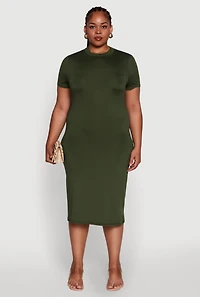 Womens Plus Size Daisy T Shirt Dress with Mock Neck and Short Sleeves, Green, Size 1X